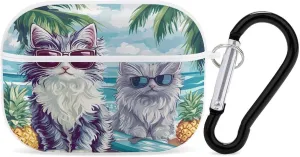 Cute Cat Surf Beach Earbud Case Bluetooth Headphone Case Full Protective Case with Keychain Compatible with Airpods Pro White-Style