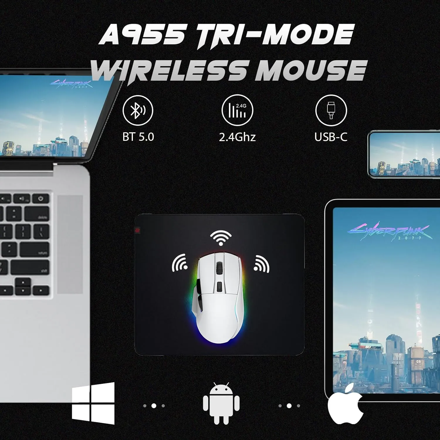 DAREU A955 Wireless Gaming Mouse with RGB Charging Dock: Tri-Mode 2.4G/USB-C/BT Mouse Up to 12K DPI Optical Sensor -KBS II Buttons Fully Programmable- 120 Hr Battery