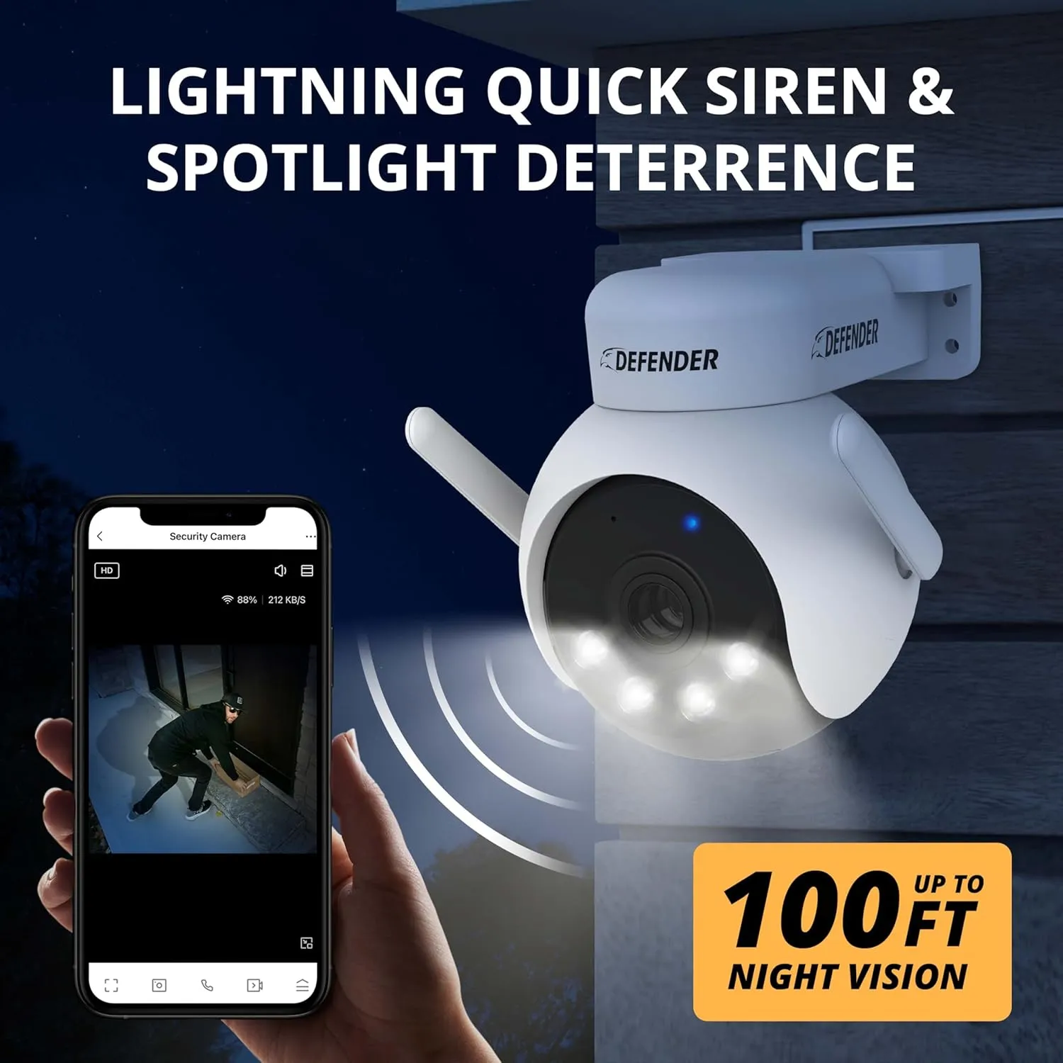 Defender AI Powered 4K Everwatch PTZ Plug in Outdoor Camera, AI Human/Vehicle Detection, WiFi 6/Bluetooth Wireless Camera, Color Night Vision, Deterrence, Mobile App, 3 x 64GB SD Card, 3 Pack