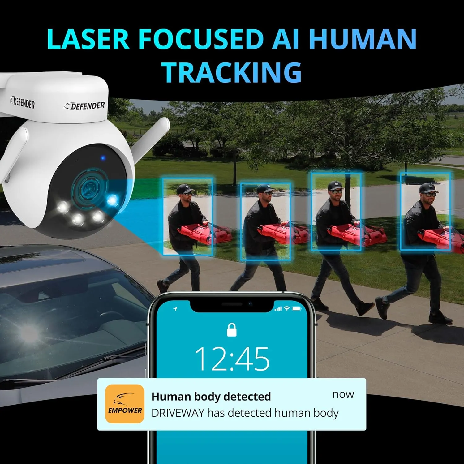 Defender AI Powered 4K Everwatch PTZ Plug in Outdoor Camera, AI Human/Vehicle Detection, WiFi 6/Bluetooth Wireless Camera, Color Night Vision, Deterrence, Mobile App, 3 x 64GB SD Card, 3 Pack