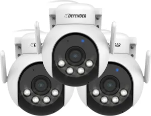 Defender AI Powered 4K Everwatch PTZ Plug in Outdoor Camera, AI Human/Vehicle Detection, WiFi 6/Bluetooth Wireless Camera, Color Night Vision, Deterrence, Mobile App, 3 x 64GB SD Card, 3 Pack