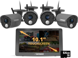 Defender PhoenixHD Wireless Security Camera System with 10.1 Touchscreen Monitor, 4 HD Outdoor Security Cameras, No Wi-Fi Required, Up to 1000ft Range, Two Way Talk, Includes 64GB SD Card