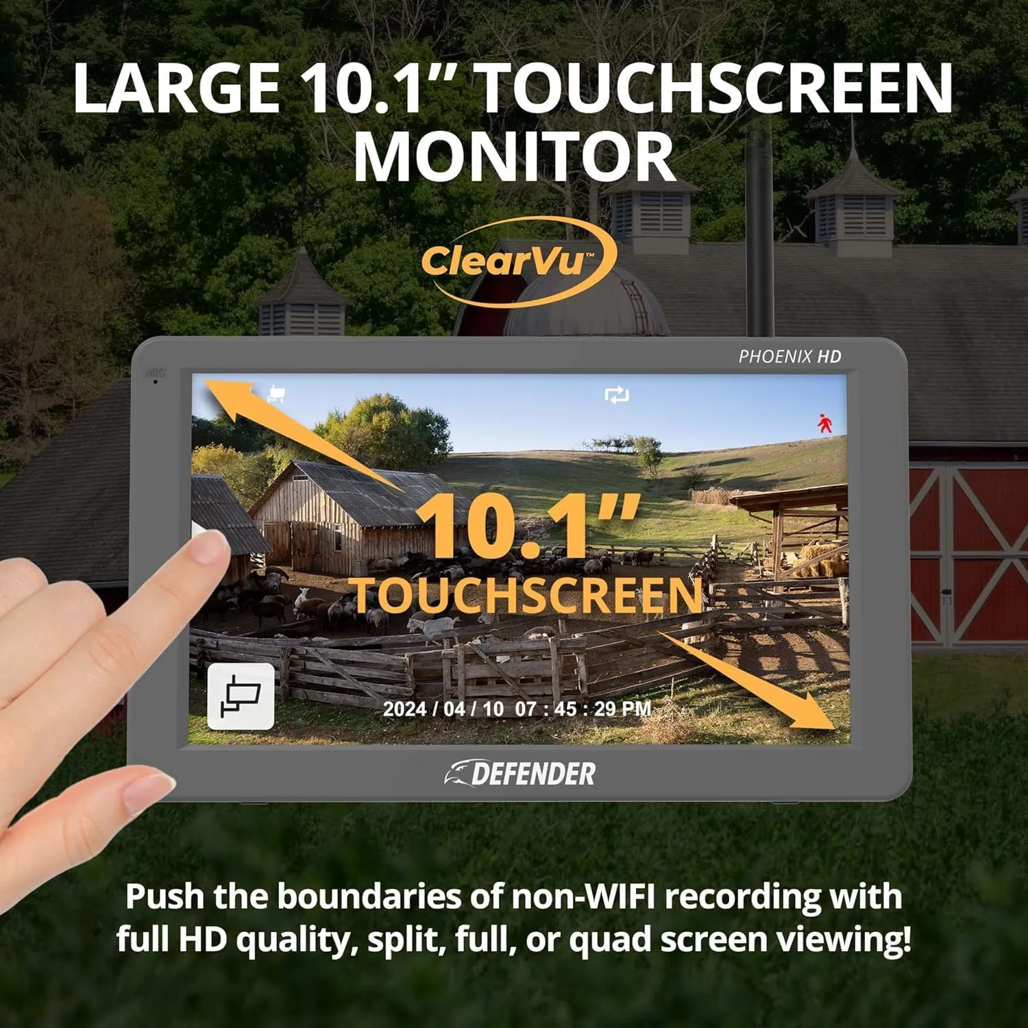 Defender PhoenixHD Wireless Security Camera System with 10.1 Touchscreen Monitor, 4 HD Outdoor Security Cameras, No Wi-Fi Required, Up to 1000ft Range, Two Way Talk, Includes 64GB SD Card