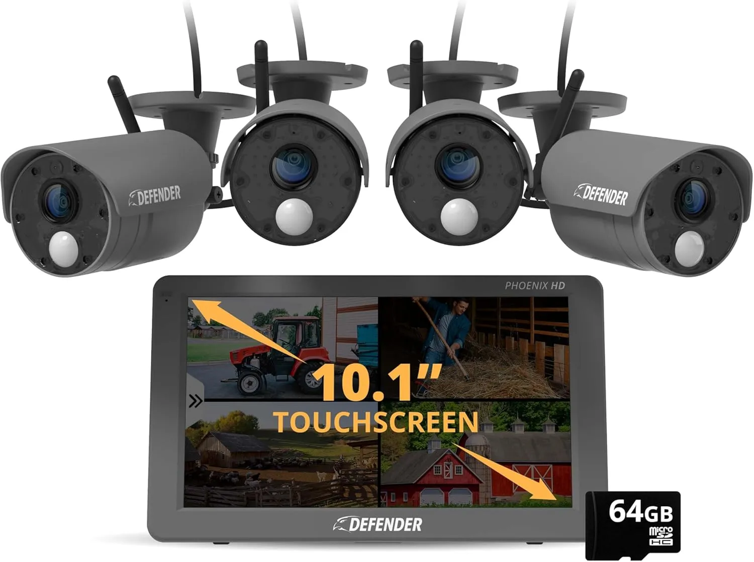 Defender PhoenixHD Wireless Security Camera System with 10.1 Touchscreen Monitor, 4 HD Outdoor Security Cameras, No Wi-Fi Required, Up to 1000ft Range, Two Way Talk, Includes 64GB SD Card