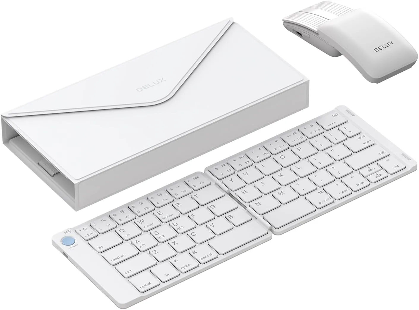 DELUX PockCombo Portable Keyboard and Mouse Wireless with Protective Case, Bluetooth Foldable Keyboard, 2-in-1 Sliding Mini Mouse with Pointer (White)