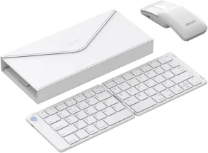 DELUX PockCombo Portable Keyboard and Mouse Wireless with Protective Case, Bluetooth Foldable Keyboard, 2-in-1 Sliding Mini Mouse with Pointer (White)