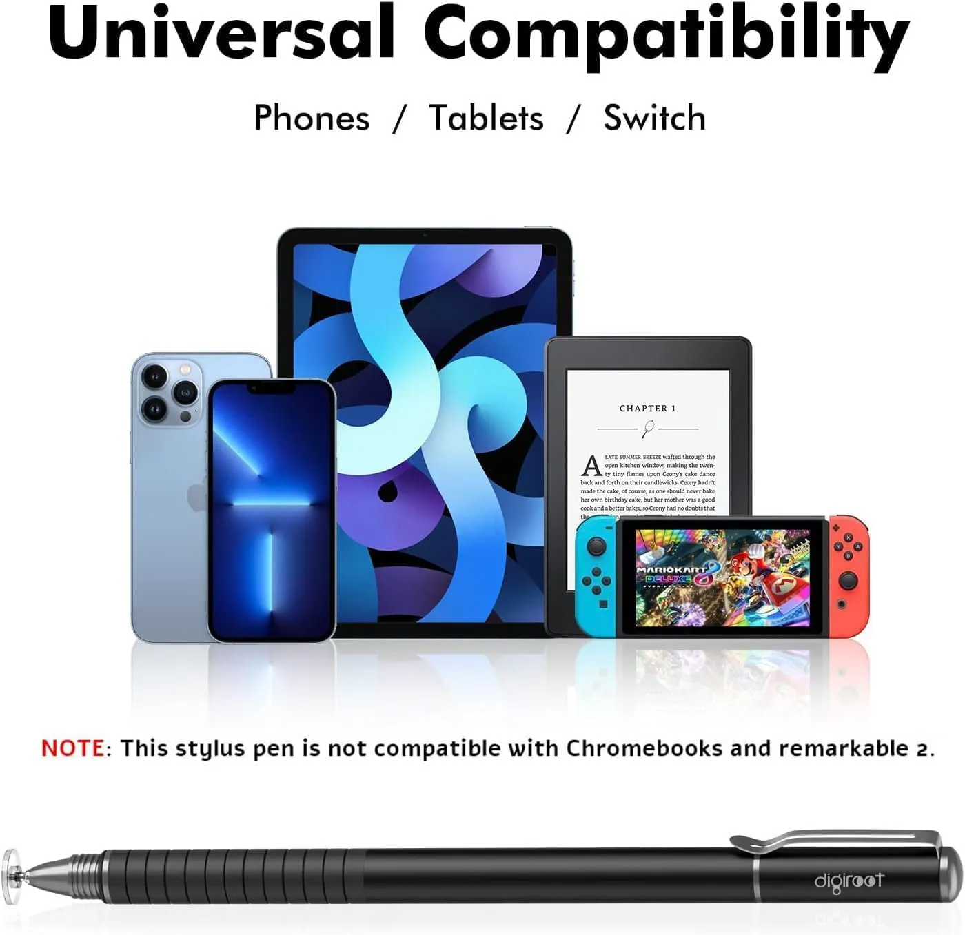 Digiroot Universal Stylus,[2-in-1] Disc Stylus Pens for All Touch Screens Cell Phones, iPad, Tablets, Laptops with 6 Replacement Tips(4 Discs, 2 Fiber Tips Included) - (Black)