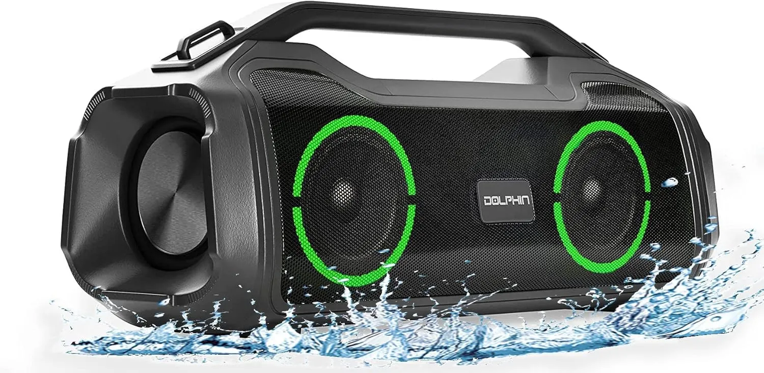 Dolphin LX80 Portable Wireless Speakers - Rechargeable Boombox Outdoor Speakers with Party Lights, DSP Tech, Dual 3.5" Woofers - IPX5 Waterproof, Supports Bluetooth 5.0, MicroSD, 3.5 Aux Input - Black