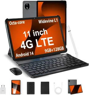 DOOGEE 11 Inch Tablet with Keyboard,4G Dual Sim Slot Tablets, T30E Tablet with Android 14, 9GB RAM 128GB ROM/1TB TF, 8000mAh, Cellular Tablets with BT5.0, Pen, Keyboard, Mouse & Case