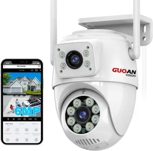 Dual Lens Linkage 6MP Security Camera Outdoor, WiFi Security Camera,Outdoor Camera Wireless,360View,IP66 Waterproof,Human Detection&Tracking,Night Vision,24/7 Record,Corded Power