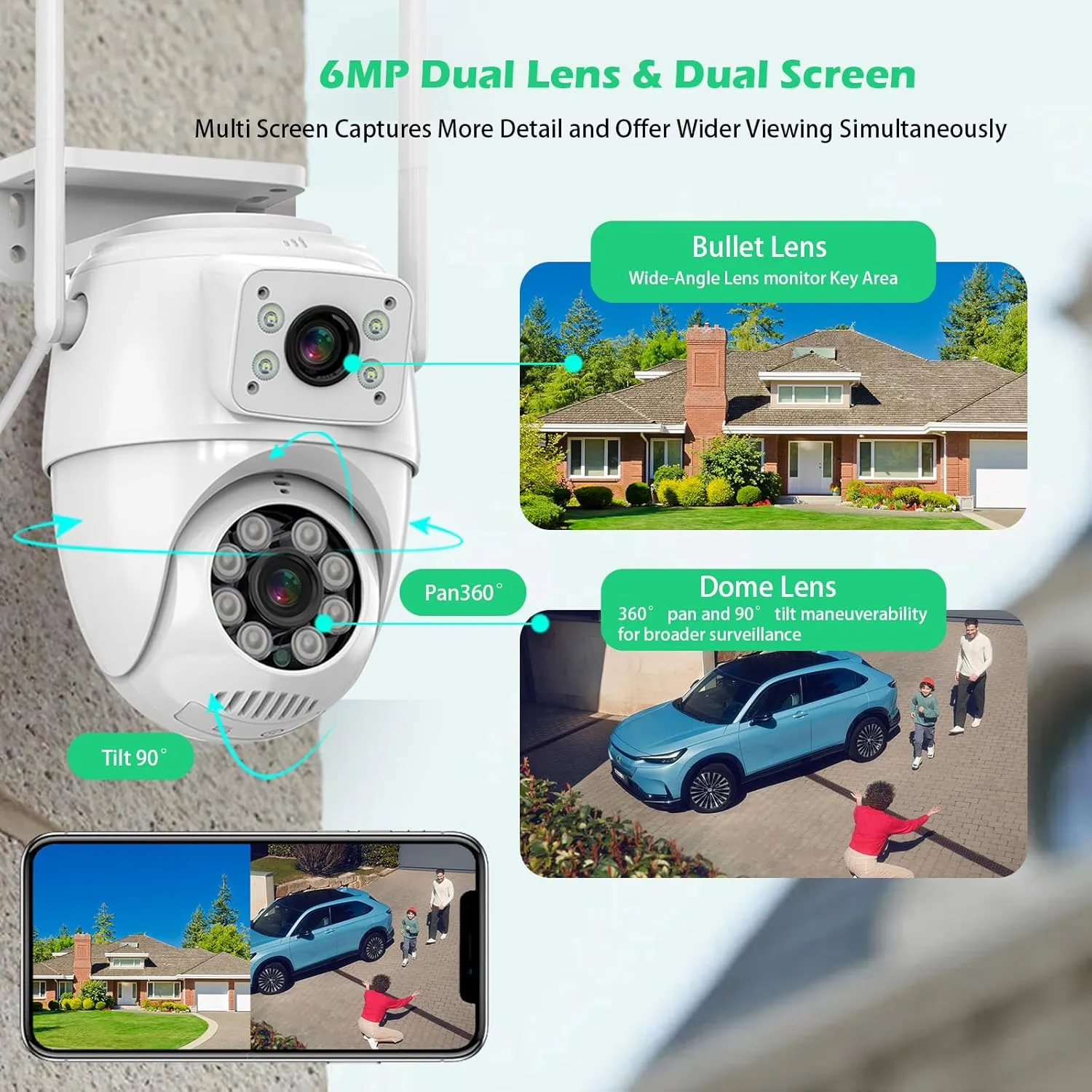 Dual Lens Linkage 6MP Security Camera Outdoor, WiFi Security Camera,Outdoor Camera Wireless,360View,IP66 Waterproof,Human Detection&Tracking,Night Vision,24/7 Record,Corded Power