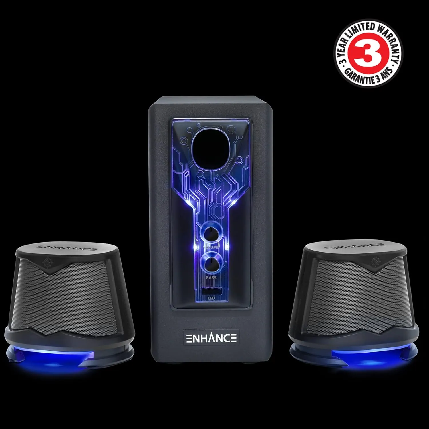 ENHANCE SB 2.1 Computer Speakers with Subwoofer - Blue LED Gaming Speakers, Computer Subwoofer System, AC Powered & 3.5mm, Volume and Bass Control, Compatible with Gaming PC, Desktop, Laptop