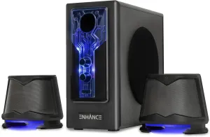 ENHANCE SB 2.1 Computer Speakers with Subwoofer - Blue LED Gaming Speakers, Computer Subwoofer System, AC Powered & 3.5mm, Volume and Bass Control, Compatible with Gaming PC, Desktop, Laptop