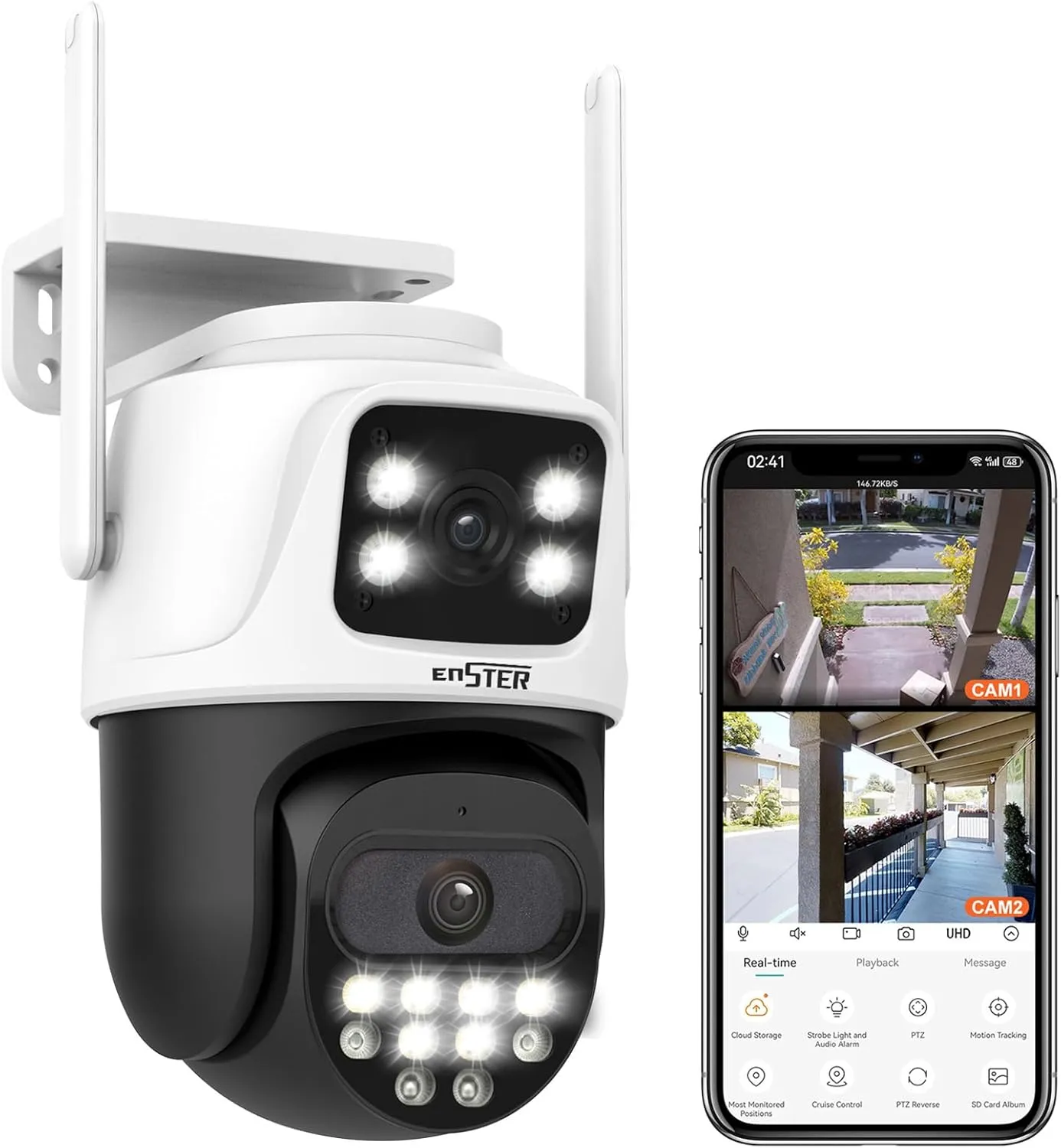 ENSTER 3K Dual Lens Security Camera, WiFi Camera for Home Security with Human Detection, Auto Tracking, Smart AI Alert, Color Night Vision, Two-Way Talk