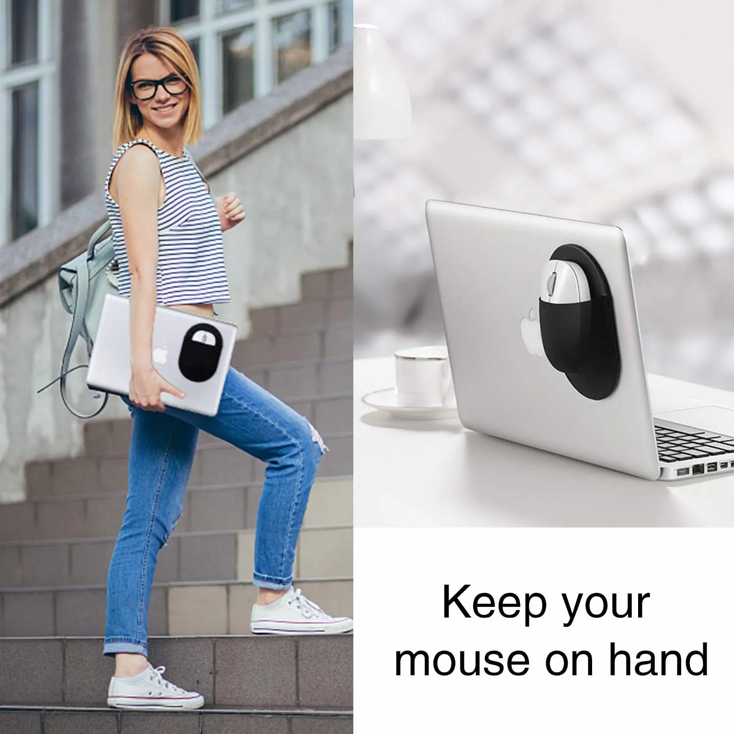 Epessa Universal Stick-On Mouse Pouch, Holder for Wireless Mouse, Sleeve for Laptop, Reusable Adhesive, No Glue Residue, Compatible with iPad or MacBook (Black)