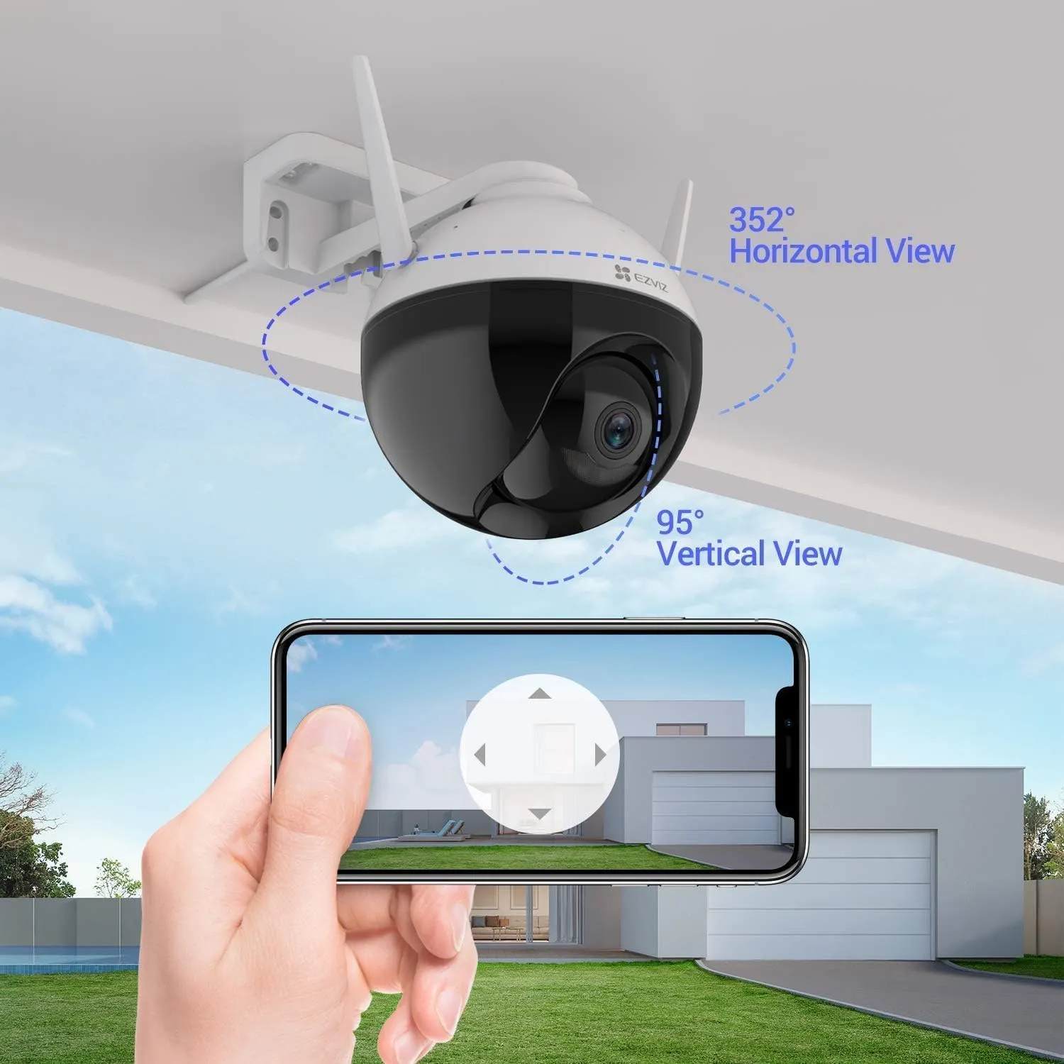 EZVIZ 360 Security Camera Outdoor, WiFi Camera for Home Security, Surveillance Camera, No Subscription with Motion Detection, Color Night Vision, Audio Pick-up, Waterproof, Alexa/Google, 256GB| C8C
