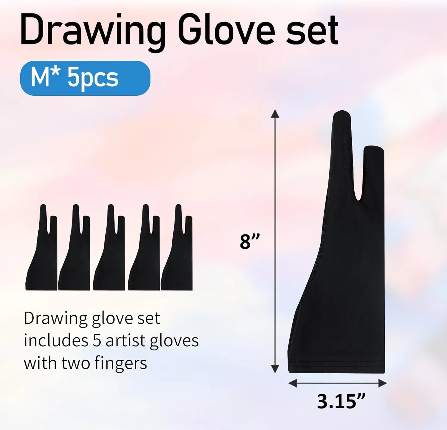 Falling in Art 5 Pack Drawing Gloves with Two Fingers, Digital Artist Gloves for Left and Right Hand, Soft Art Gloves for Graphic Drawing Tablets, iPads, Monitors and Paper Sketching, M, Black