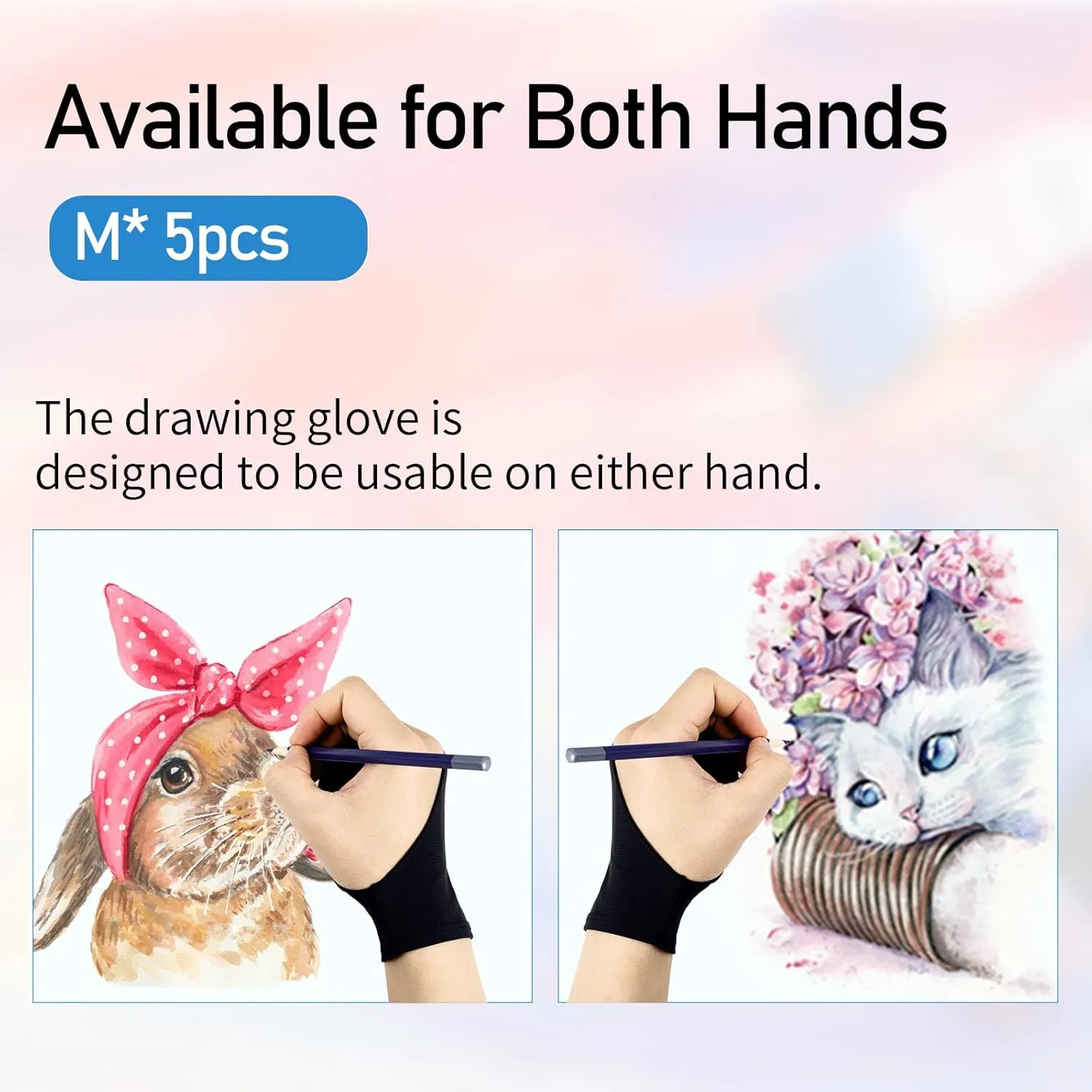 Falling in Art 5 Pack Drawing Gloves with Two Fingers, Digital Artist Gloves for Left and Right Hand, Soft Art Gloves for Graphic Drawing Tablets, iPads, Monitors and Paper Sketching, M, Black
