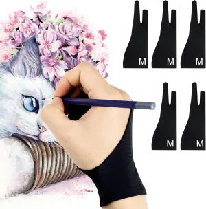 Falling in Art 5 Pack Drawing Gloves with Two Fingers, Digital Artist Gloves for Left and Right Hand, Soft Art Gloves for Graphic Drawing Tablets, iPads, Monitors and Paper Sketching, M, Black