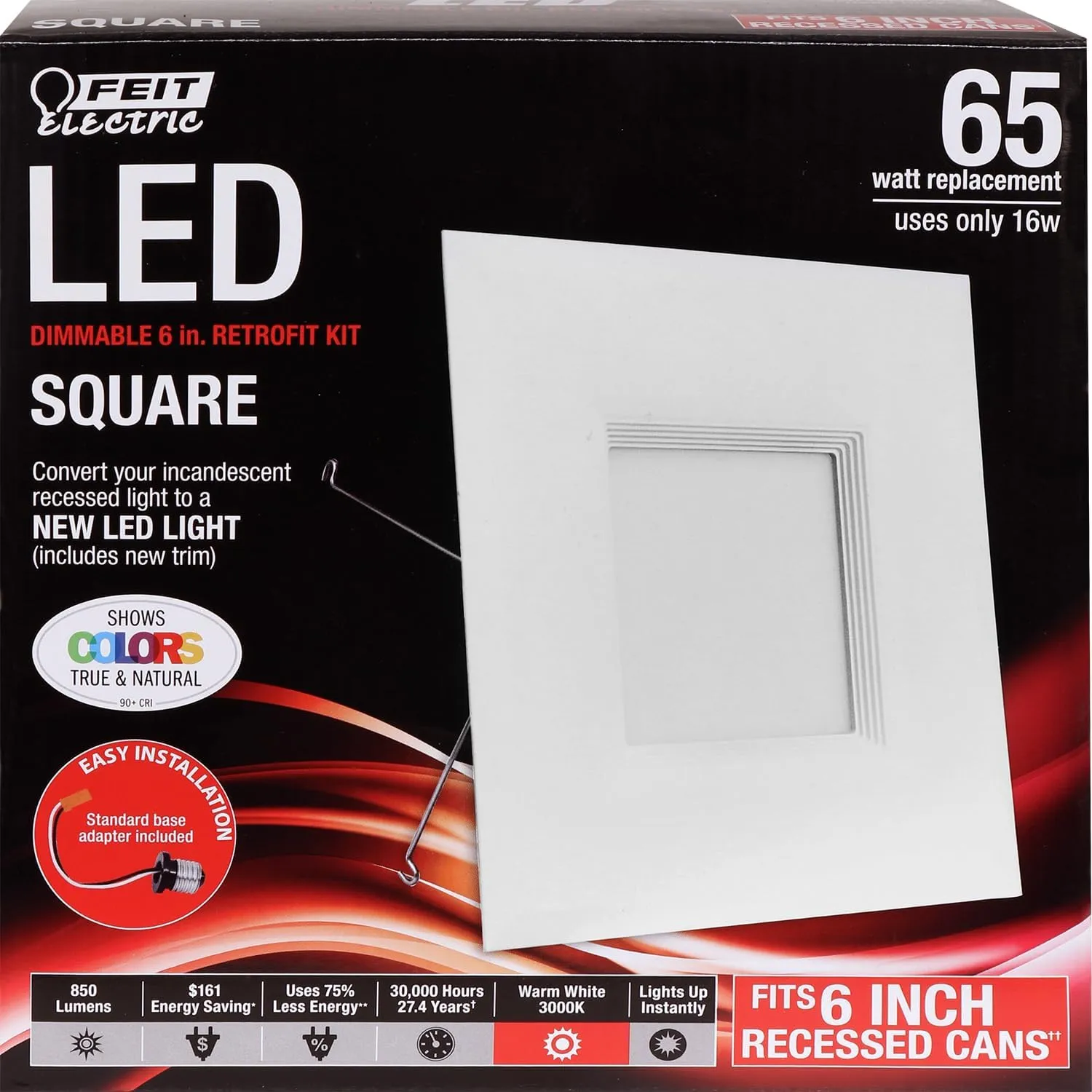 Feit Electric 6 inch LED Recessed Square Flat Panel Downlight, 65W Equivalent, Dimmable, Pre-Mounted Trim, Retrofit Kit, 3000K Warm White, 90  CRI, 850 Lumens, 30,000-Hour Lifetime, LEDRSQ6/930