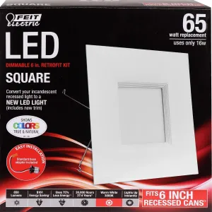 Feit Electric 6 inch LED Recessed Square Flat Panel Downlight, 65W Equivalent, Dimmable, Pre-Mounted Trim, Retrofit Kit, 3000K Warm White, 90  CRI, 850 Lumens, 30,000-Hour Lifetime, LEDRSQ6/930