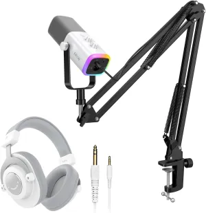 FIFINE Recording Bundle with XLR/USB Microphone and Studio Headphones, Dynamic Gaming Mic Kit with RGB, Mute, Monitoring, Over-Ear Headset for PC/Mixer Vocal Music Instrument Streaming (AM8T H8 White)