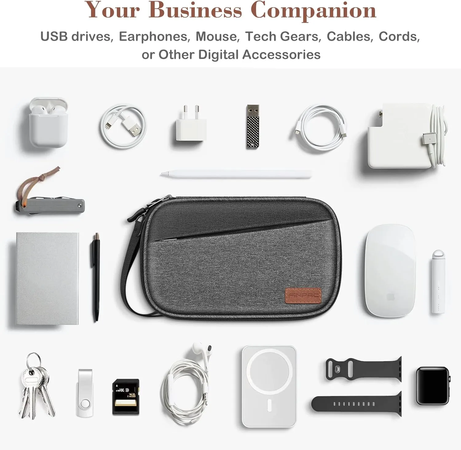 FINPAC Travel Electronic Bag, Portable Cable Organizer Electronic Essentials Pouch Case, Double Layer Storage Bag for Cord, Hard Drive, Charger, Wireless Earbuds, USB, SD Card (Gray)