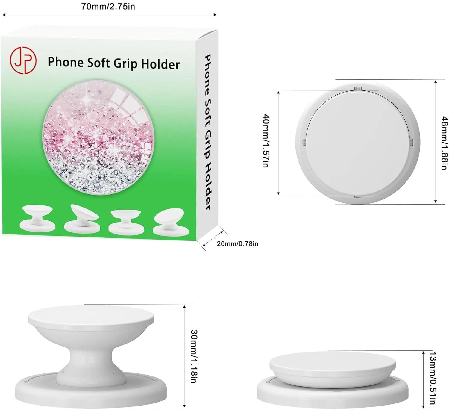 Foldable Silicone Phone Grip Holder - Interchangeable Tops, Cute White Glitter, Sticky Base for iPhone 15/14/Pro Max, iPad, Kindle & Tablets 4.7-10"