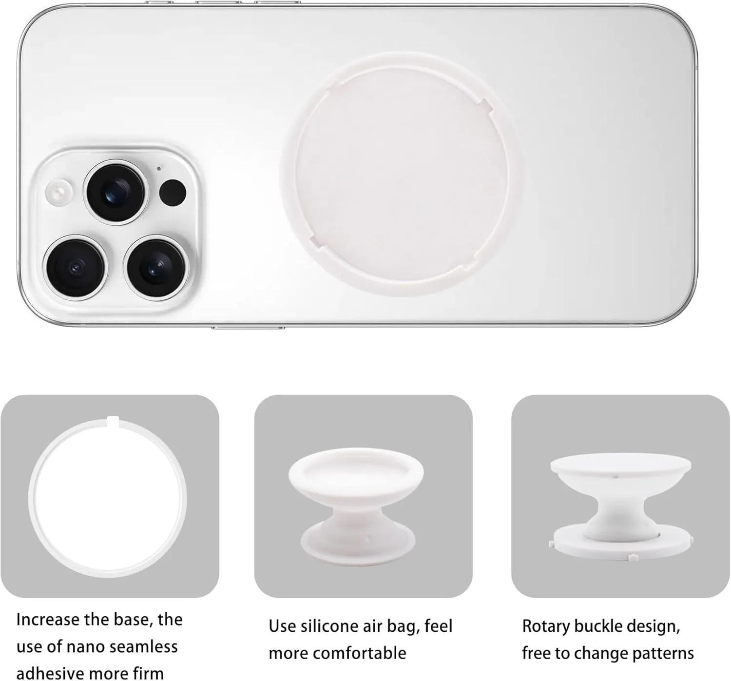 Foldable Silicone Phone Grip Holder - Interchangeable Tops, Cute White Glitter, Sticky Base for iPhone 15/14/Pro Max, iPad, Kindle & Tablets 4.7-10"
