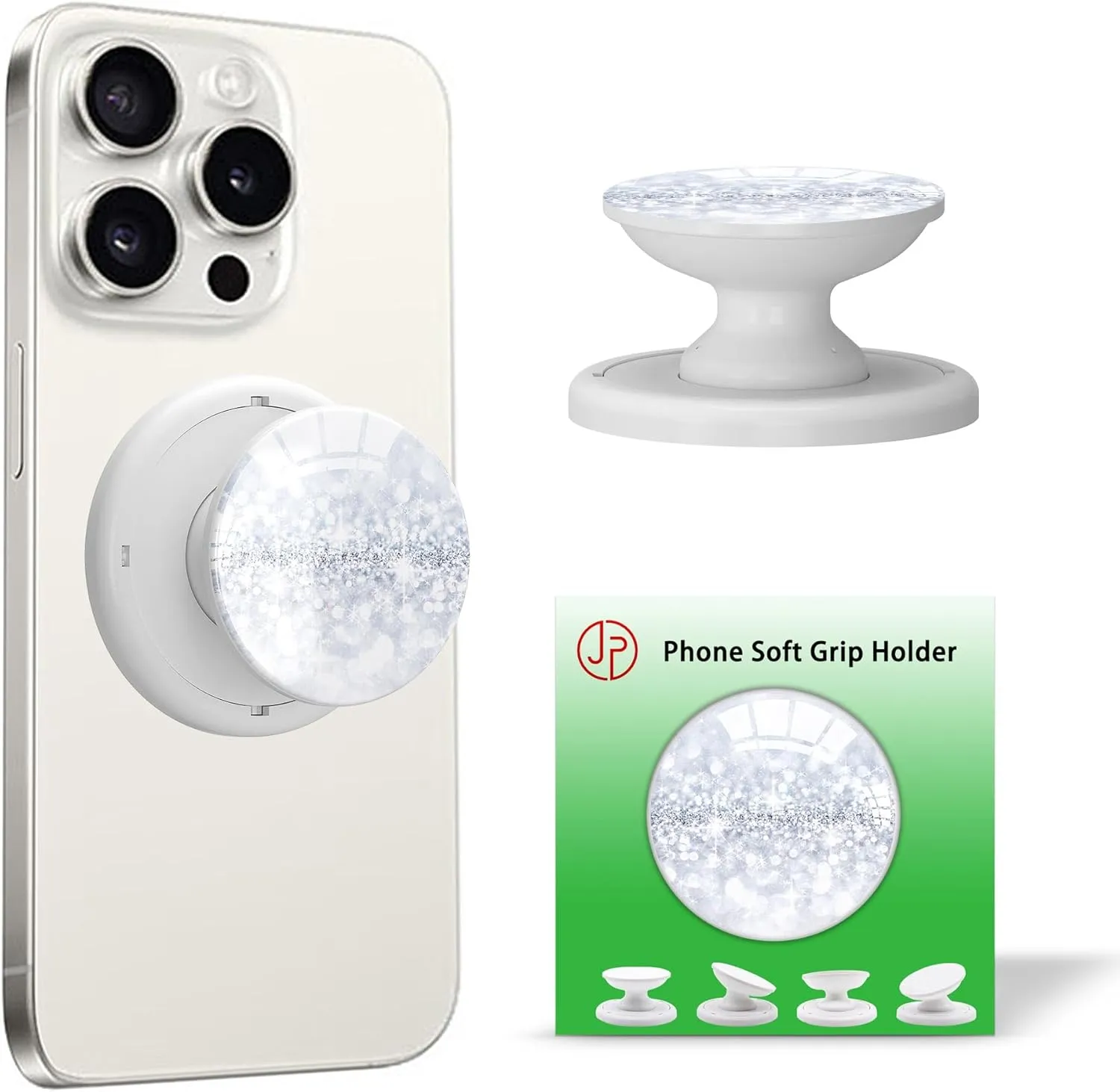 Foldable Silicone Phone Grip Holder - Interchangeable Tops, Cute White Glitter, Sticky Base for iPhone 15/14/Pro Max, iPad, Kindle & Tablets 4.7-10"