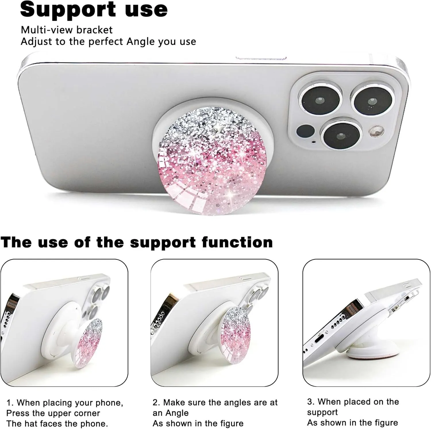 Foldable Silicone Phone Grip Holder - Interchangeable Tops, Cute White Glitter, Sticky Base for iPhone 15/14/Pro Max, iPad, Kindle & Tablets 4.7-10"