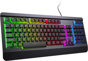 Gaming Computer Keyboard with Large Print Keys, 104 Keys All-Metal Panel, Rainbow LED Backlit, Wrist Rest, Multimedia, Anti-Ghosting, Waterproof Light Up Wired Keyboard for PC Mac Gamer