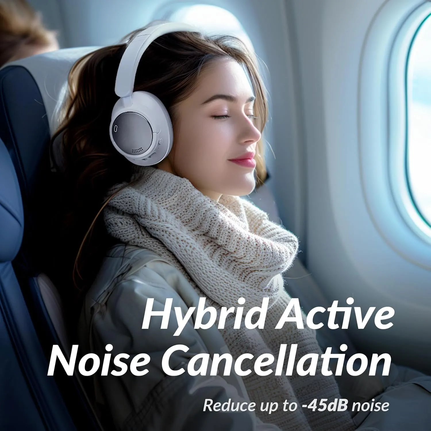 H7Pro Bluetooth Headphones with -45dB Hybrid Active Noise Cancelling, 80H Playtime Wireless Over-Ear Headphones, Immersive Deep Bass Stereo, 4-Mic ENC Clear Calls, Personalized Comfort, White