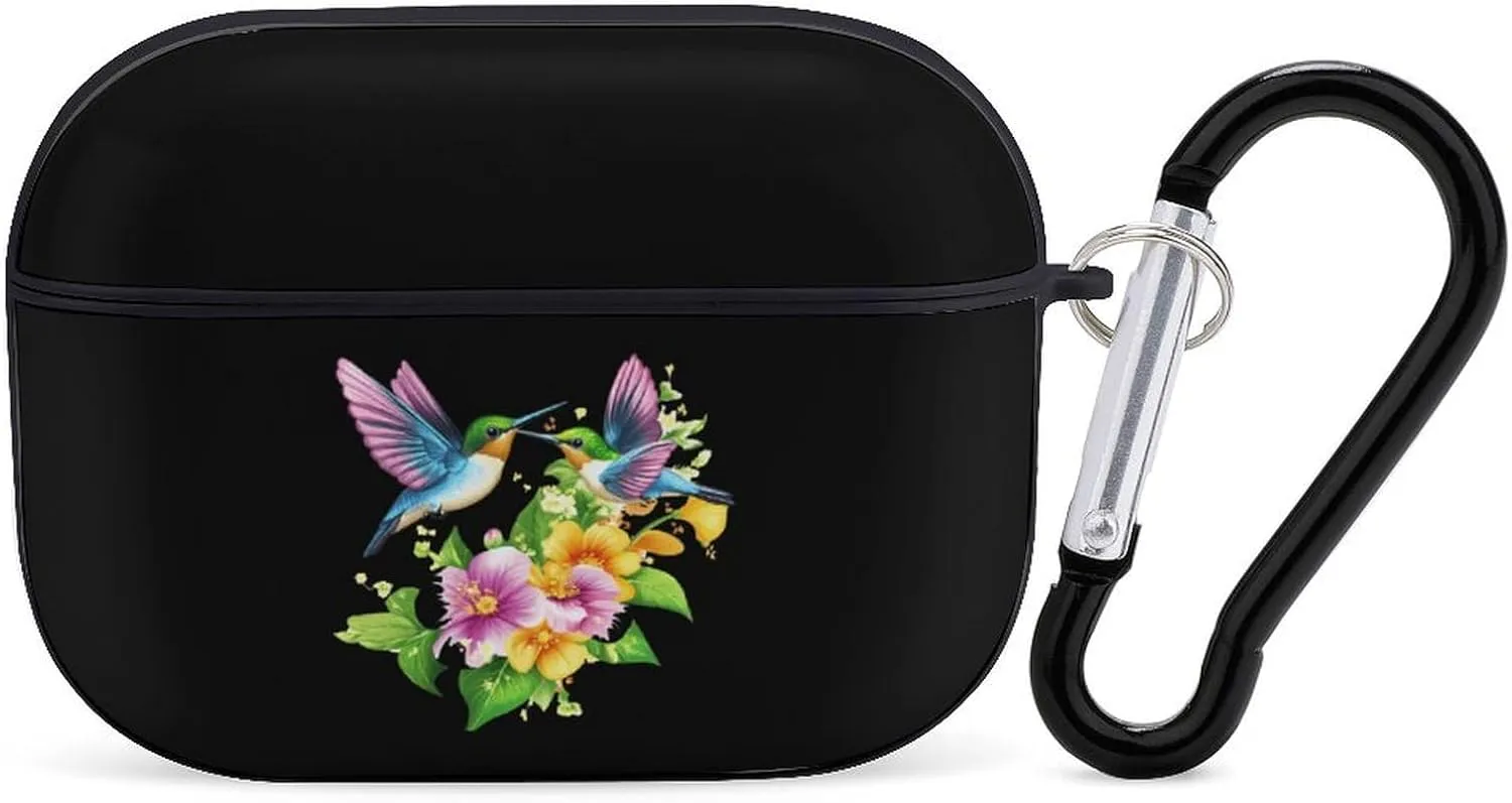 Hummingbirds Flowers Print Earbud Case Bluetooth Headphone Case Full Protective Case with Keychain Compatible with Airpods Pro Black-Style
