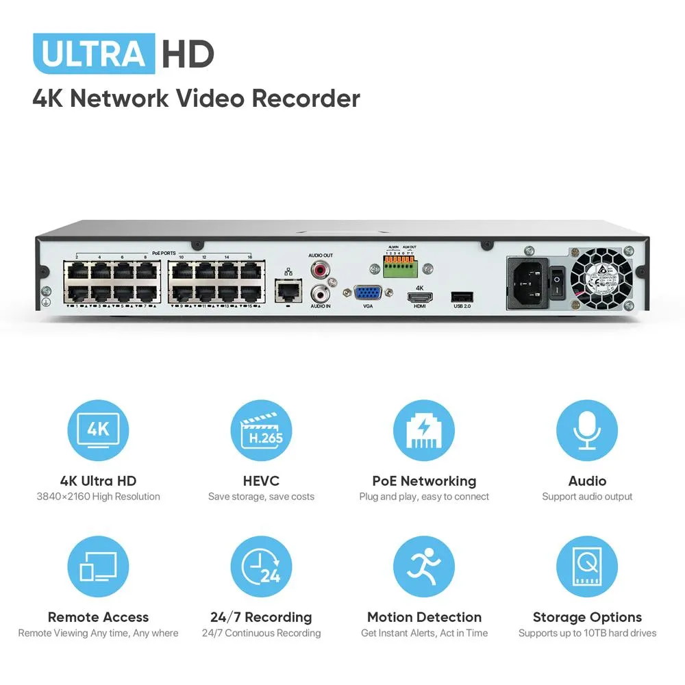 H.VIEW 16CH 5MP Home Security Camera System, 16pcs Dome 8MP/4K Outdoor PoE IP Cameras, 8MP 16CH NVR, Support up to 2x 10TB HDD for 24-7 Recording(HDD Not Included))