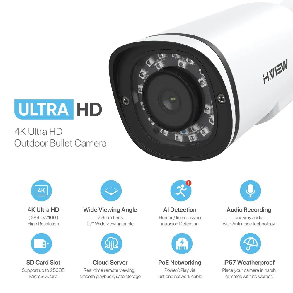 H.VIEW 16CH 5MP Home Security Camera System, 16pcs Wired 8MP/4K Outdoor PoE IP Cameras, 8MP 16CH NVR, Support up to 2x 10TB HDD for 24-7 Recording(HDD Not Included))