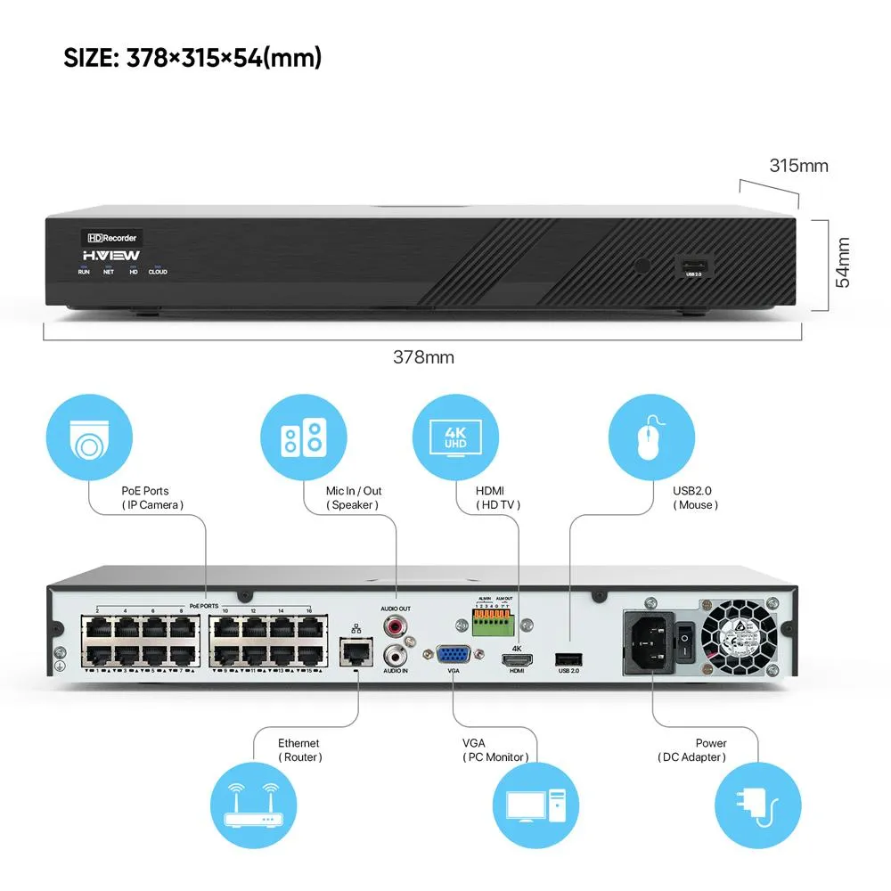 H.VIEW 16CH 5MP Home Security Camera System, 16pcs Wired 8MP/4K Outdoor PoE IP Cameras, 8MP 16CH NVR, Support up to 2x 10TB HDD for 24-7 Recording(HDD Not Included))
