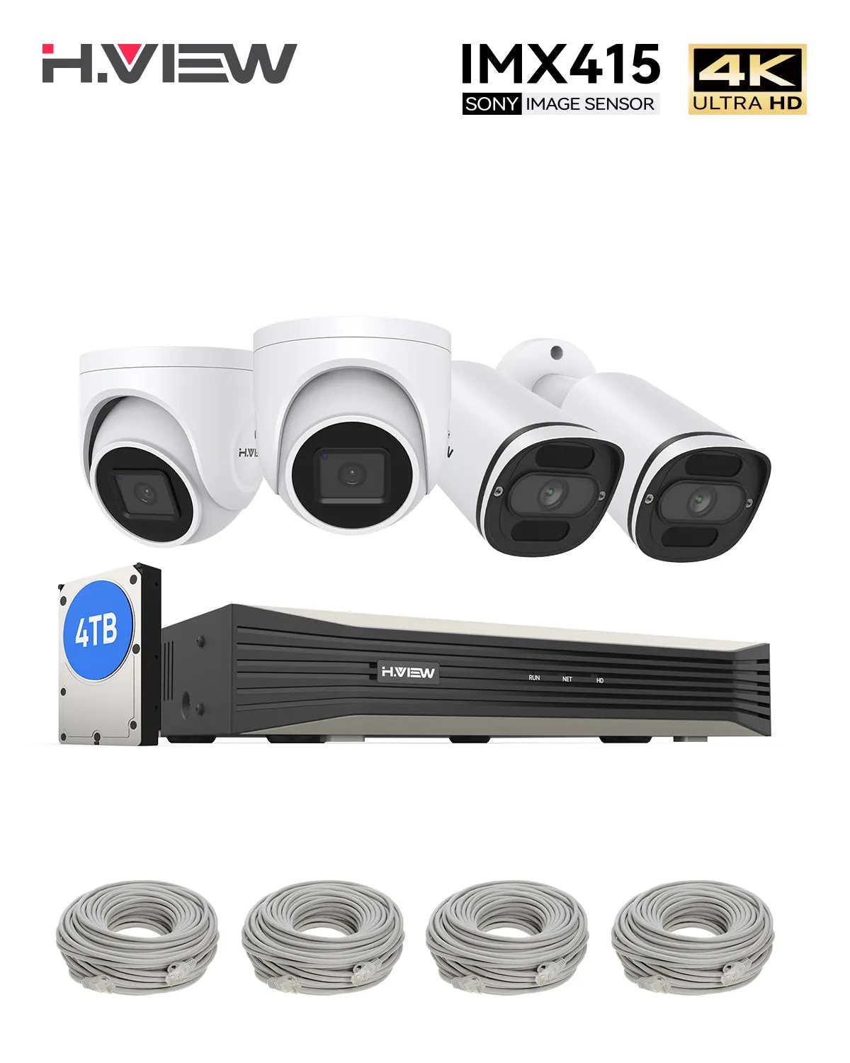 H.VIEW 4K (8MP) Ultra HD 8 Channels PoE Security System with Audio Record Dome & Bullet Cameras