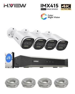 H.VIEW 8CH 4K Home Security Camera System, 4pcs Wired 8MP Outdoor Color Night Vision IP Cameras, 8MP 8CH POE NVR , Support 6TB HDD for 24-7 Recording(HDD is Not Included.)