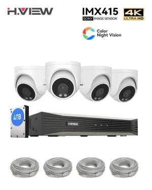 H.VIEW H.265 4K POE Color Night Vision Security Camera System, 4pcs Color Night Vision Cameras, Human Detection, 8MP 8CH 4K NVR , Support up to 6TB HDD(Not Included)