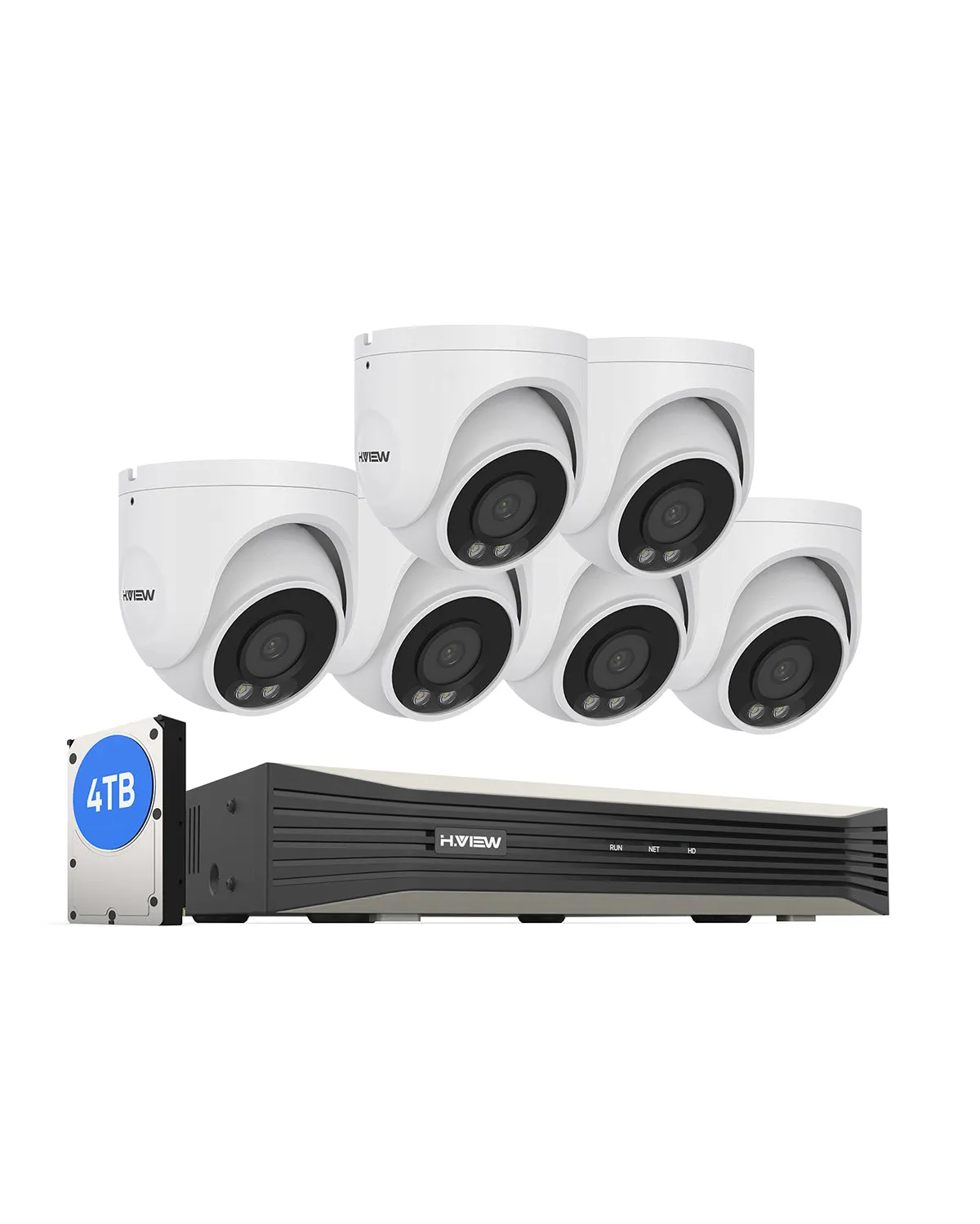 H.VIEW H.265 4K POE Color Night Vision Security Camera System, 4pcs Color Night Vision Cameras, Human Detection, 8MP 8CH 4K NVR , Support up to 6TB HDD(Not Included)