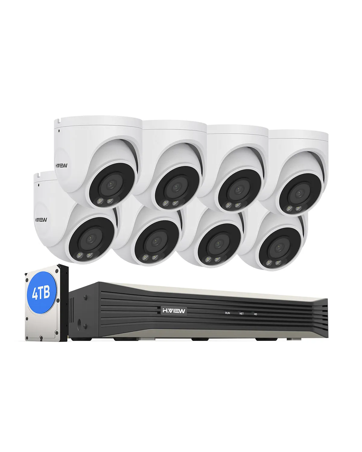 H.VIEW H.265 4K POE Color Night Vision Security Camera System, 4pcs Color Night Vision Cameras, Human Detection, 8MP 8CH 4K NVR , Support up to 6TB HDD(Not Included)