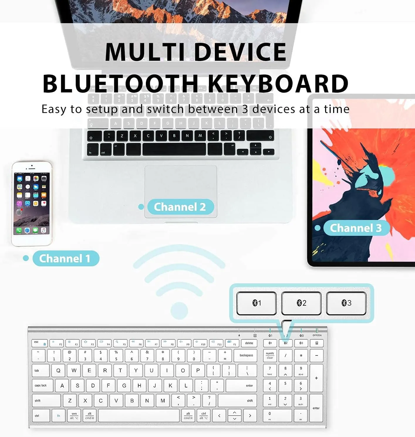 iClever BK10 Bluetooth Keyboard, Wireless Bluetooth Keyboard, Rechargeable Bluetooth 5.1 Multi Device Keyboard with Number Pad Full Size Stable Connection for Mac, Windows, iOS, Android, Laptop