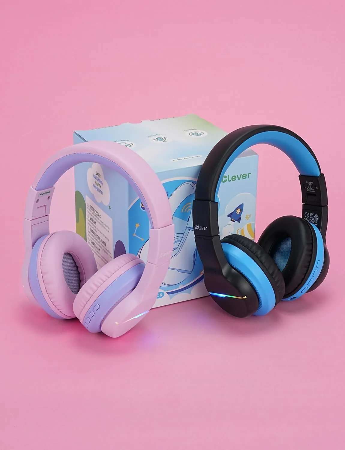 iClever BTH12 Kids Bluetooth Headphones 2 Pack,Colorful LED Lights Wireless Kids Headphones,74/85dBA Safe Volume,85H Playtime,Bluetooth 5.2,Over Ear Headphones Built-in Mic for iPad/Tablet/Airplane
