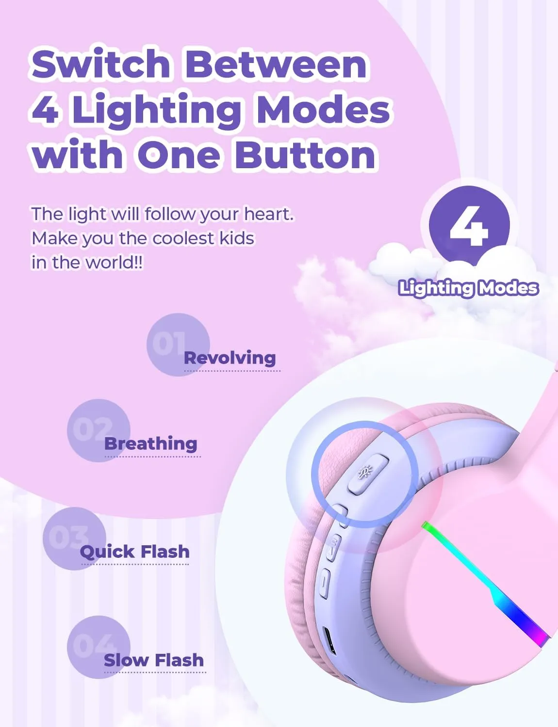 iClever BTH12 Kids Bluetooth Headphones 2 Pack,Colorful LED Lights Wireless Kids Headphones,74/85dBA Safe Volume,85H Playtime,Bluetooth 5.2,Over Ear Headphones Built-in Mic for iPad/Tablet/Airplane