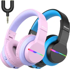 iClever BTH12 Kids Bluetooth Headphones 2 Pack,Colorful LED Lights Wireless Kids Headphones,74/85dBA Safe Volume,85H Playtime,Bluetooth 5.2,Over Ear Headphones Built-in Mic for iPad/Tablet/Airplane