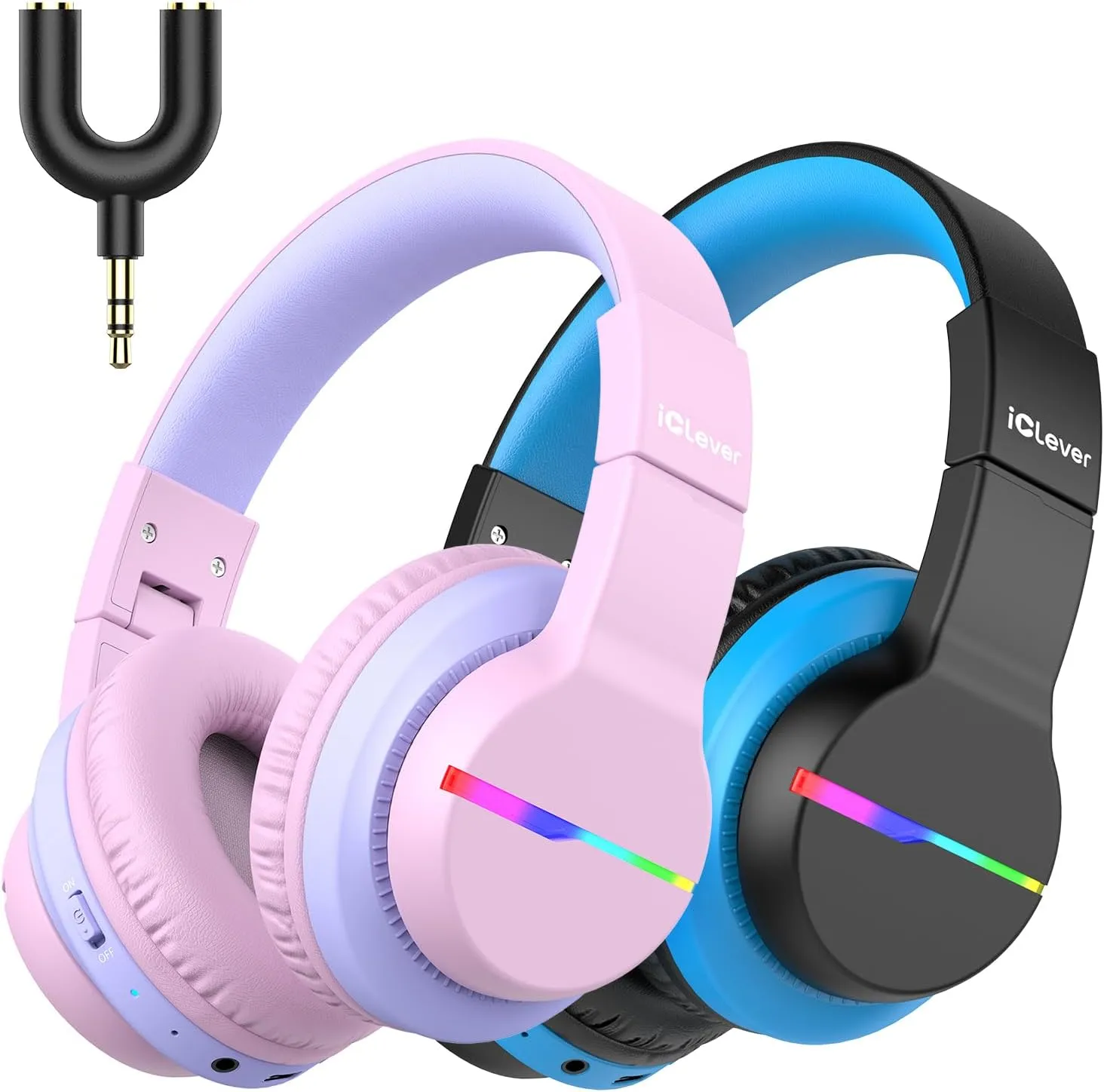 iClever BTH12 Kids Bluetooth Headphones 2 Pack,Colorful LED Lights Wireless Kids Headphones,74/85dBA Safe Volume,85H Playtime,Bluetooth 5.2,Over Ear Headphones Built-in Mic for iPad/Tablet/Airplane