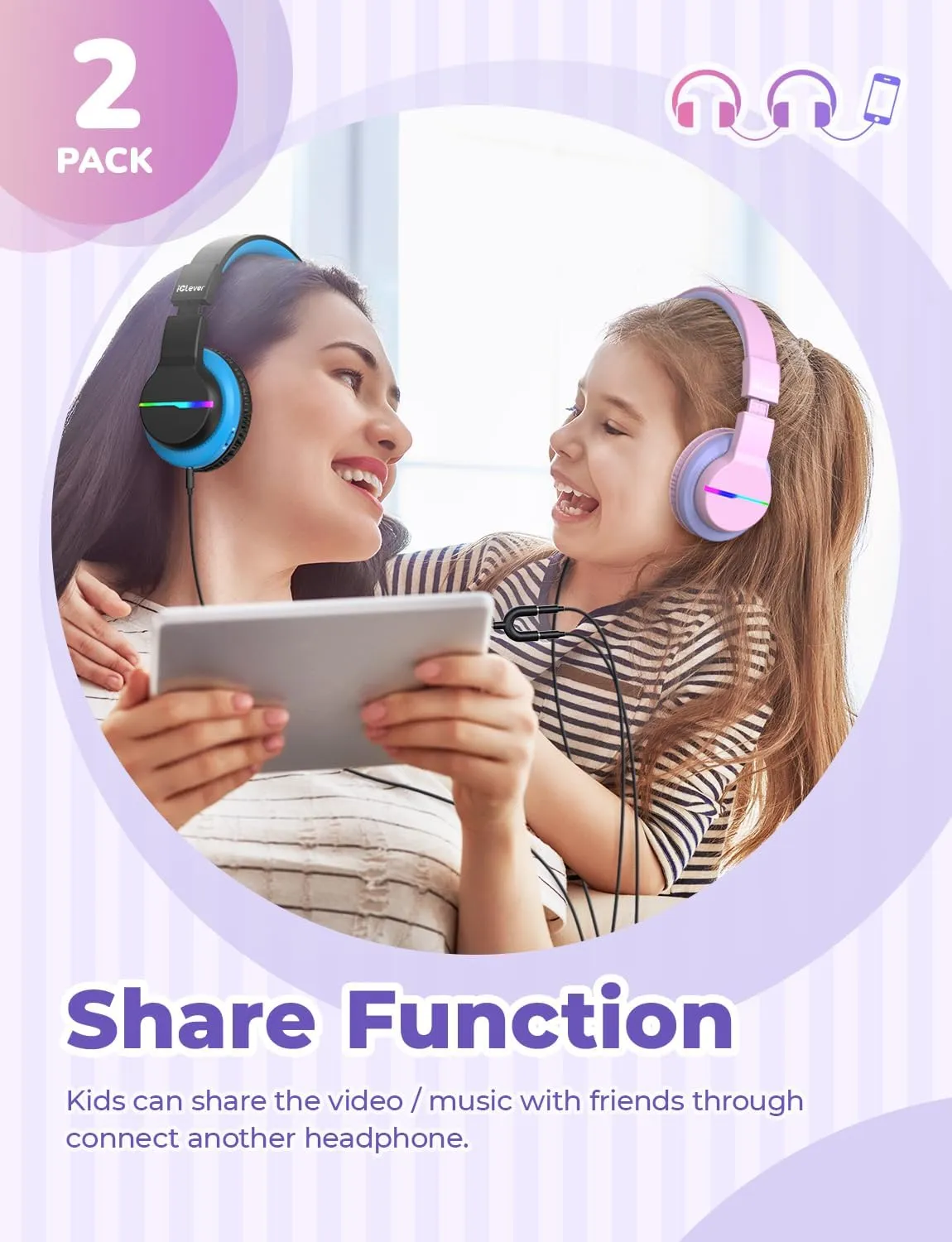 iClever BTH12 Kids Bluetooth Headphones 2 Pack,Colorful LED Lights Wireless Kids Headphones,74/85dBA Safe Volume,85H Playtime,Bluetooth 5.2,Over Ear Headphones Built-in Mic for iPad/Tablet/Airplane