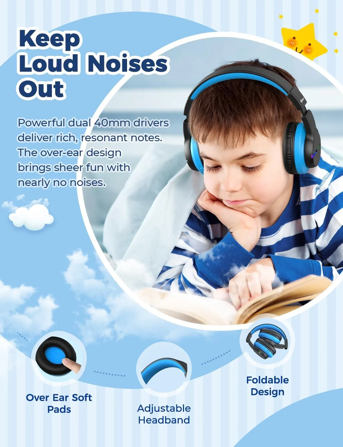 iClever BTH12 Kids Bluetooth Headphones,Colorful LED Lights Wireless Kids Headphones,74/85dBA Safe Volume,85H Playtime,Bluetooth 5.2,Over Ear Headphones Built-in Mic for iPad/Tablet/Airplane,Black
