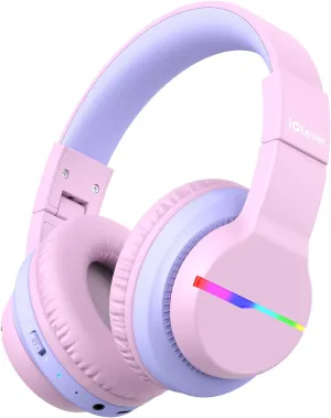 iClever BTH12 Kids Bluetooth Headphones,Colorful LED Lights Wireless Kids Headphones,74/85dBA Safe Volume,85H Playtime,Bluetooth 5.2,Over Ear Headphones Built-in Mic for iPad/Tablet/Airplane,Pink